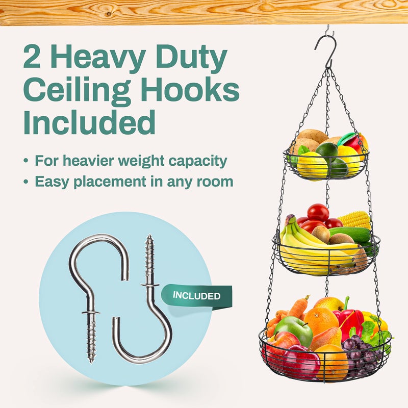 Home Intuition Heavy Duty 3-Tier Hanging Fruit and Vegetable Basket with 2 Metal Ceiling Hooks, Chrome - Image 4