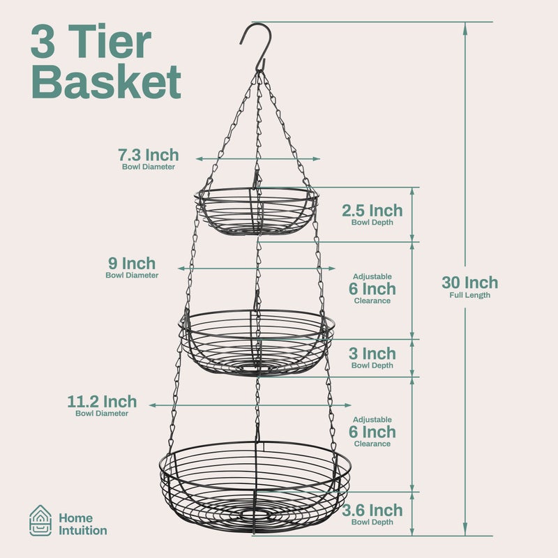Home Intuition Heavy Duty 3-Tier Hanging Fruit and Vegetable Basket with 2 Metal Ceiling Hooks, Chrome - Image 2