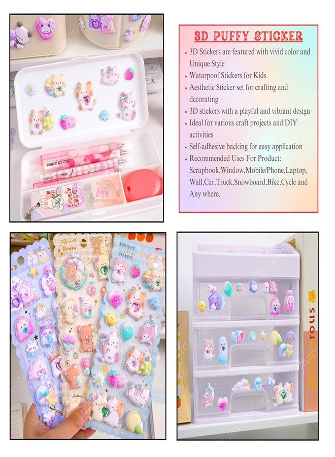 Funspark Cute Little Animals (B) 6 Sheet 3D Puffy Sticker Set – Kawaii Bear, Bunny, Cat & Pastel Animal Self-Adhesive Waterproof Stickers for Kids DIY Crafts, Scrapbook & Decor - Image 4