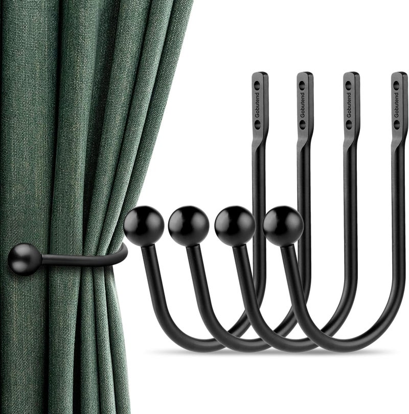 gobutend Curtain Holdbacks, 4pcs Curtains Holder Wall Mounted Drapery Tiebacks Retro Window Hook for Home Decor, Matte Black - Image 1