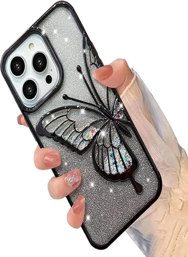 Next Next Store Compatible with iPhone 14 Pro Max Case, TPU Glitter Butterfly Case, Full Body Protection Anti-Scratch Shockproof Cover (Black)