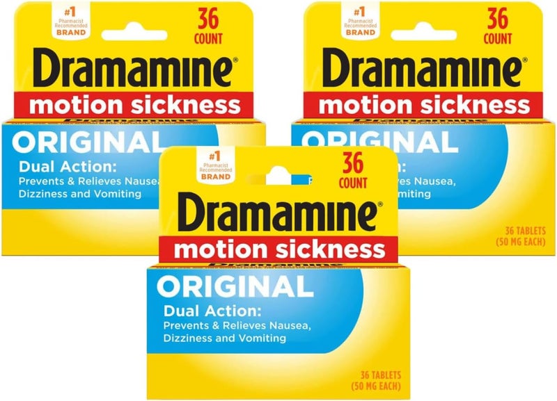 Original Formula, Motion Sickness Relief, Dual Action, 50mg Tablets, 36 Count in Each (Pack of 3)