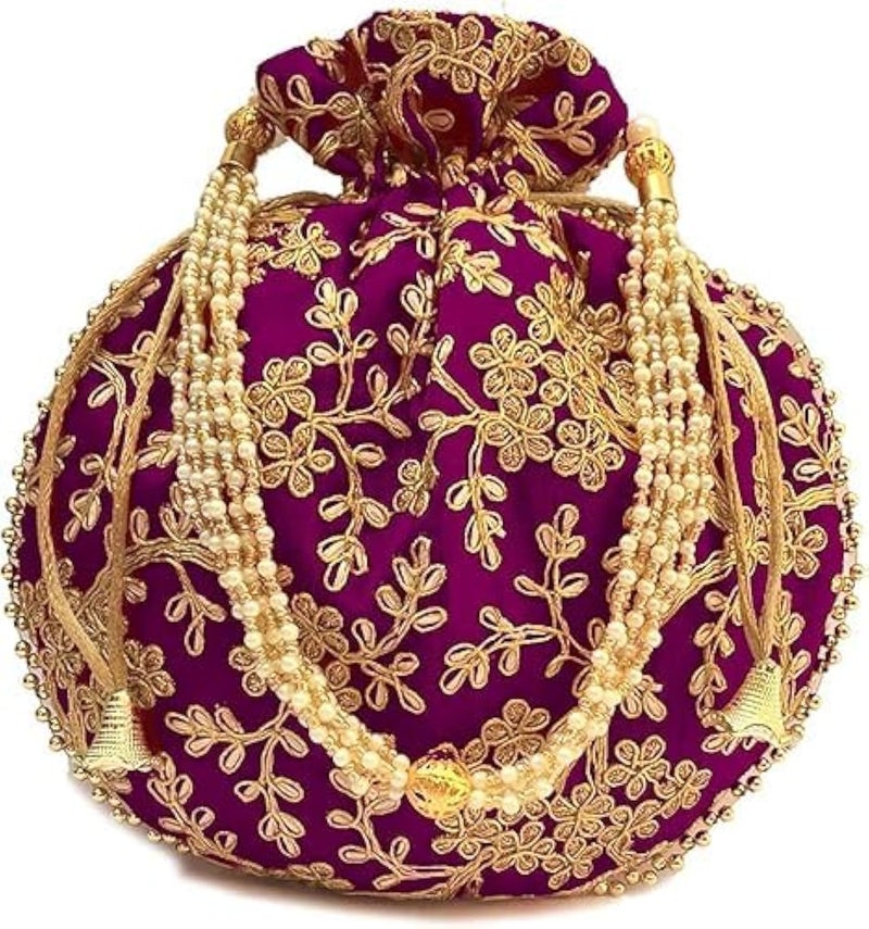 IGH Indian Ethnic Purple Potli Bag Ladies Handbag Batwa Pearls Handle Clutch for Women - Image 1