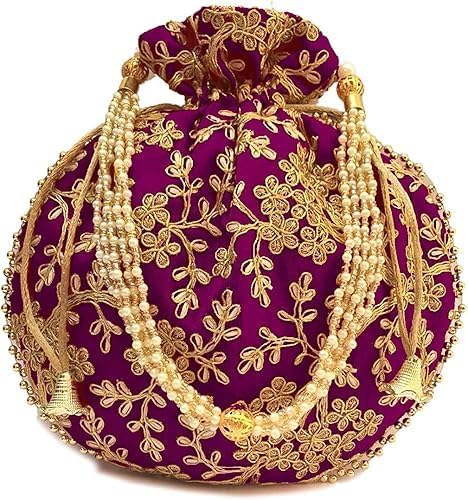IGH Indian Ethnic Purple Potli Bag Ladies Handbag Batwa Pearls Handle Clutch for Women - Image 2