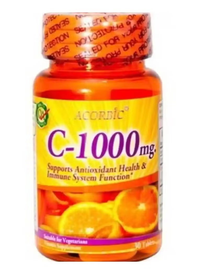 أقراص فيتامين سي أكوربيك 1000 ملغ - مضاد أكسدة عالي القوة ودعم للمناعة (30 قرصًا)