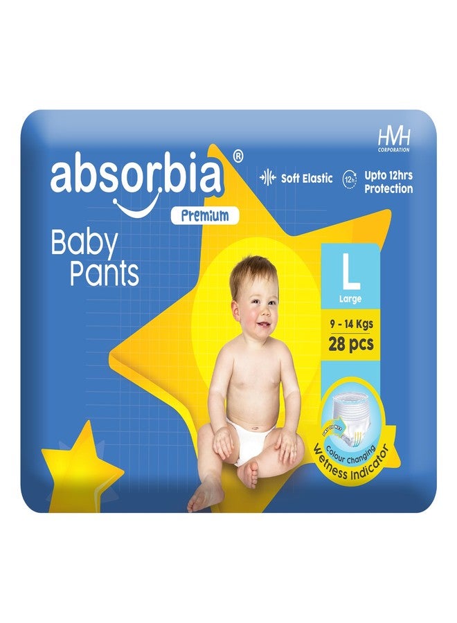 Absorbia Baby Pant Diaper Large (L) 9-14 kg, 28s x Pack of 1 | Up to 12Hrs Protection | Cottony Soft Comfort for Sensitive Skin | Wetness Indicator | High Absorbancy | Wider pee distribution - Image 1