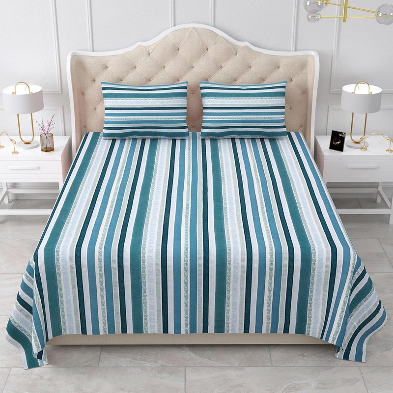 Bella Casa Double Bedsheet Set King Size Cotton with 2 Pillow Covers Strip Design Blue & Grey Colour - Stella Collection - Image 3