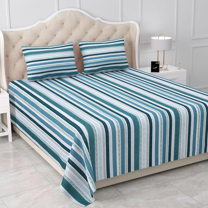 Bella Casa Double Bedsheet Set King Size Cotton with 2 Pillow Covers Strip Design Blue & Grey Colour - Stella Collection - Image 2