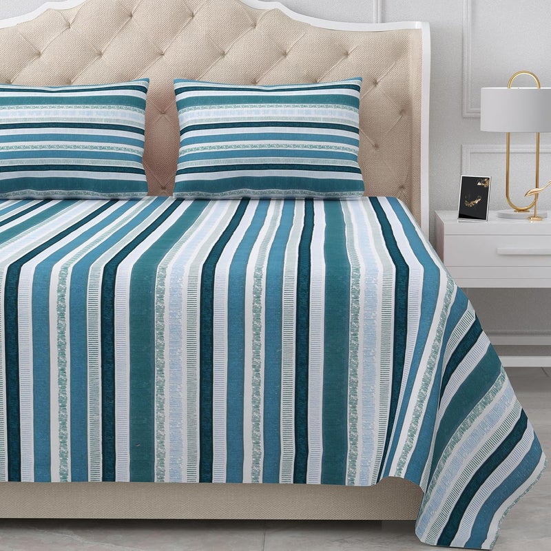 Bella Casa Double Bedsheet Set King Size Cotton with 2 Pillow Covers Strip Design Blue & Grey Colour - Stella Collection - Image 1