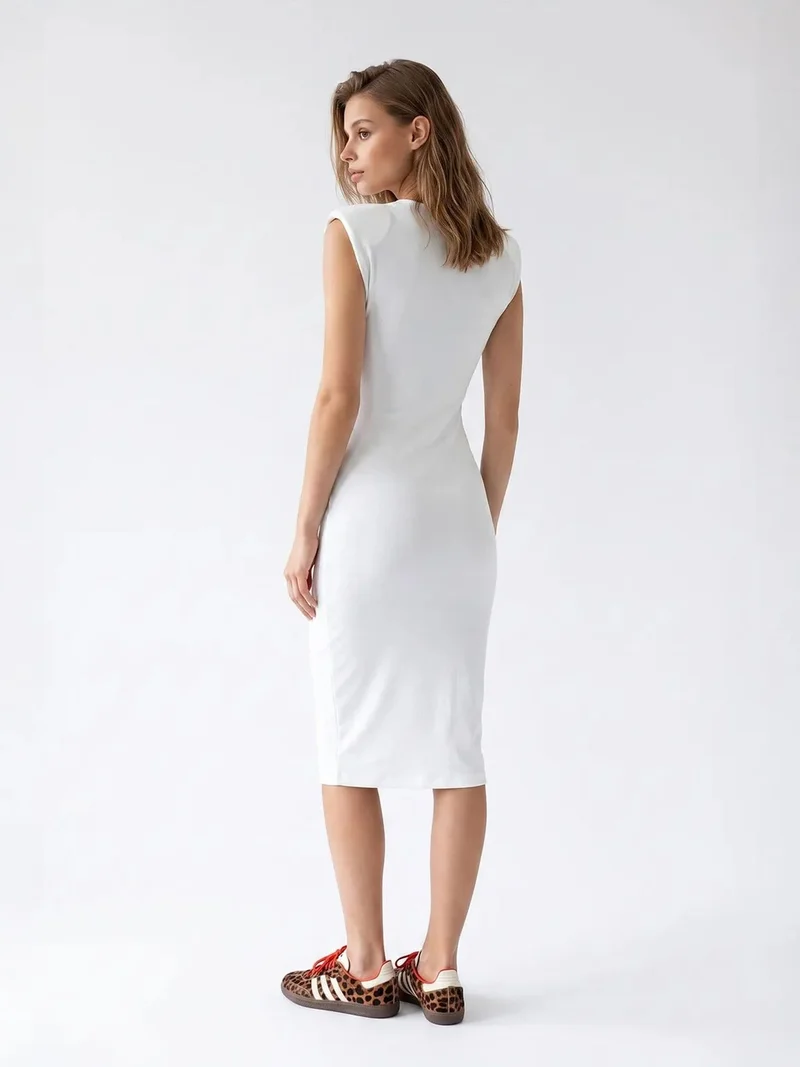 Mixray White MIXRAY Ribbed Sleeveless Bodycon Midi Dress for Women | Best Price UAE
