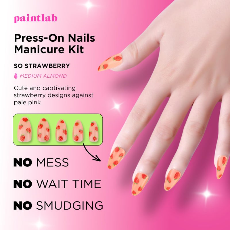 PaintLab Press-On Nails Manicure Kit, So Strawberry - Almond, 30-Piece Set, Long-Lasting Fake Nails with Glue, File, Prep Pad & Cuticle Stick - Image 2