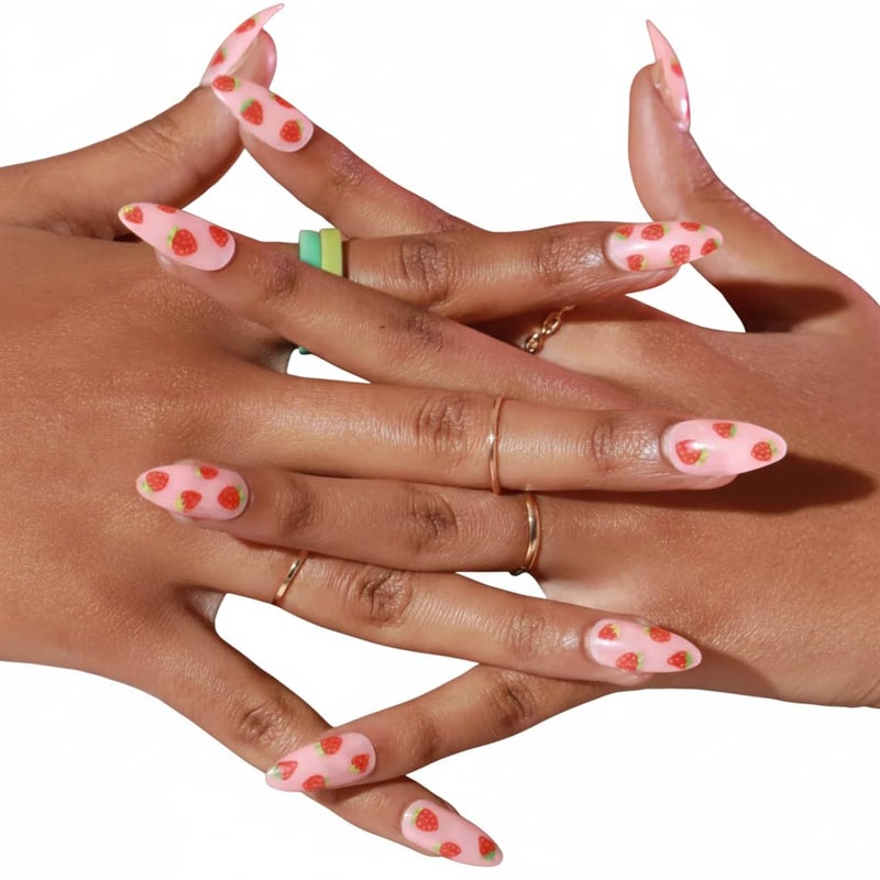 PaintLab Press-On Nails Manicure Kit, So Strawberry - Almond, 30-Piece Set, Long-Lasting Fake Nails with Glue, File, Prep Pad & Cuticle Stick - Image 1
