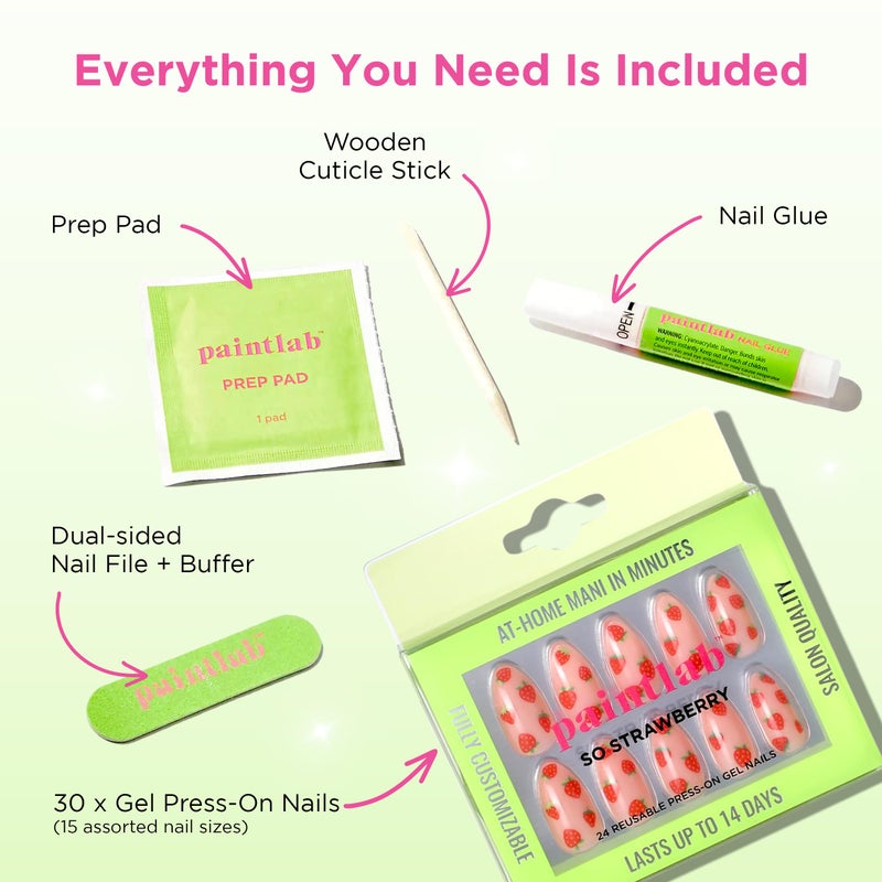 PaintLab Press-On Nails Manicure Kit, So Strawberry - Almond, 30-Piece Set, Long-Lasting Fake Nails with Glue, File, Prep Pad & Cuticle Stick - Image 3