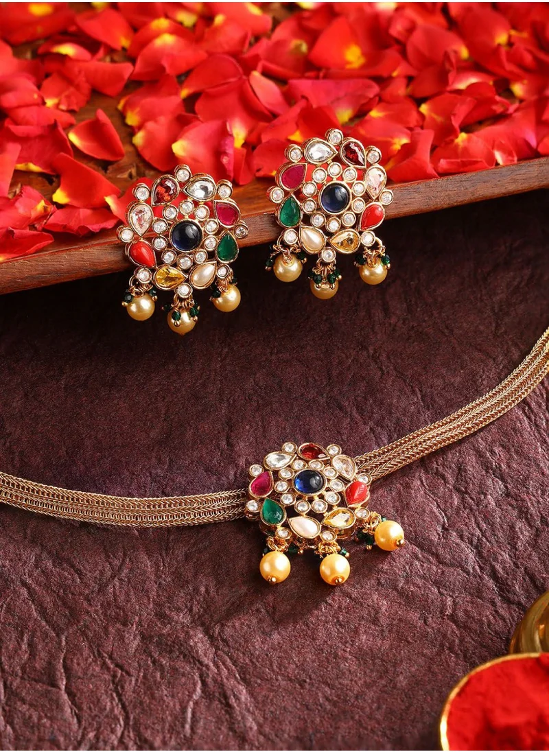 برياسي Navaratna Floral Attigai Pattern Studded  Beaded Jewellery Set