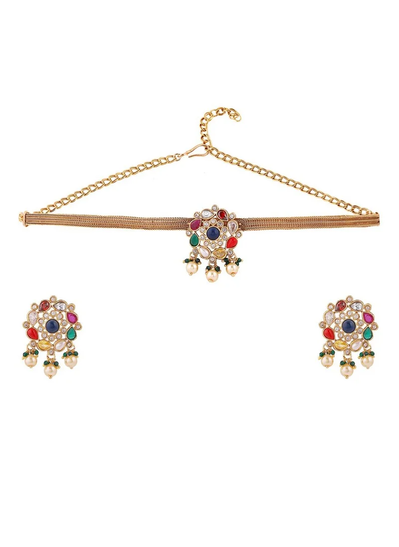 برياسي Navaratna Floral Attigai Pattern Studded  Beaded Jewellery Set