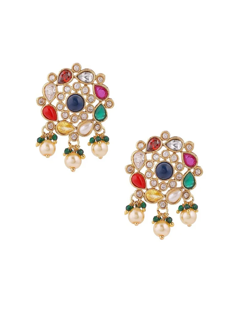 Priyaasi Navaratna Floral Attigai Pattern Studded  Beaded Jewellery Set
