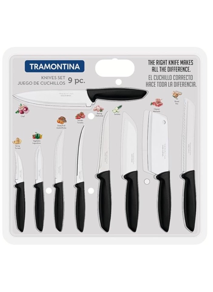 TRAMONTINA - Tramontina 9 pcs Knife Set - Stainless Steel Sharp Professional Kitchen Chef Cooking Knives set with Black Handles - Image 1