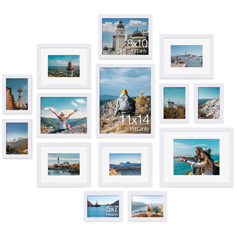 Vittanly 14 Pack Picture Frames Collage Wall Decor, Gallery Wall Frame Set with 2Pcs 11x14, 6Pcs 8x10 and 6Pcs 5x7 Photo Frames, Picture Frame Set for Wall Collage or Tabletop Display, White - Image 1