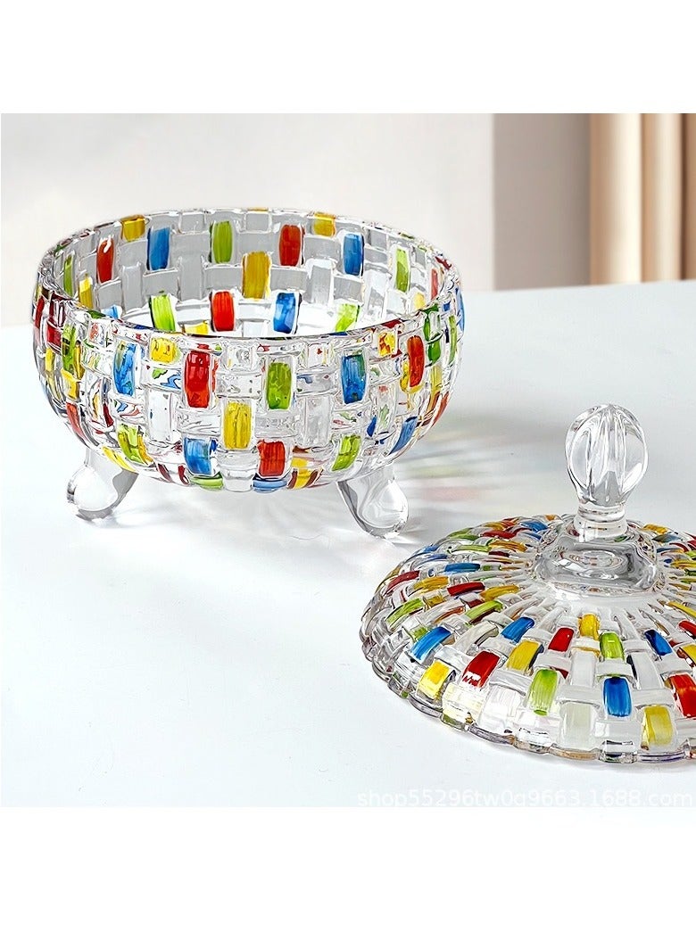 SYOSI وعاء حلوى كريستالي مع غطاء صندوق حلوى كريستالي ملون صندوق مجوهرات مطلي يدويًا وعاء كانستر لقطن الأذن وعاء زجاجي زينة للحمام والمخزن وغرفة المعيشة والمطبخ (ملون) - Image 1