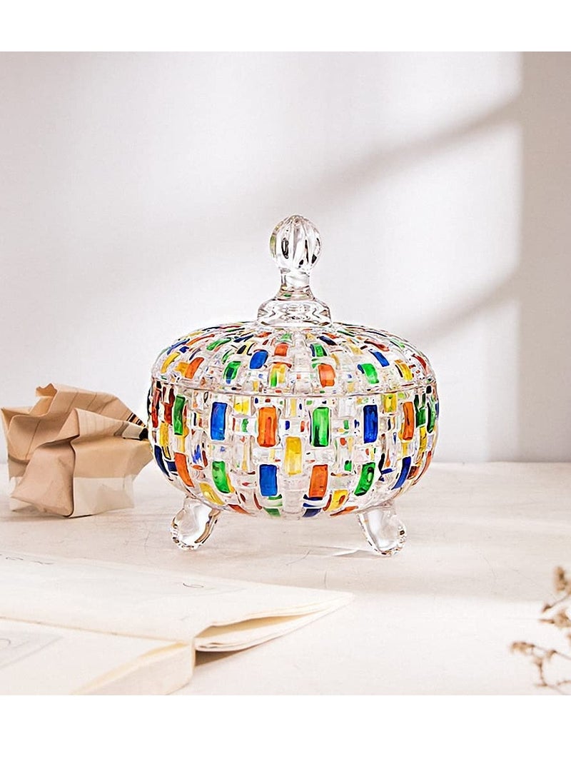 SYOSI وعاء حلوى كريستالي مع غطاء صندوق حلوى كريستالي ملون صندوق مجوهرات مطلي يدويًا وعاء كانستر لقطن الأذن وعاء زجاجي زينة للحمام والمخزن وغرفة المعيشة والمطبخ (ملون) - Image 2