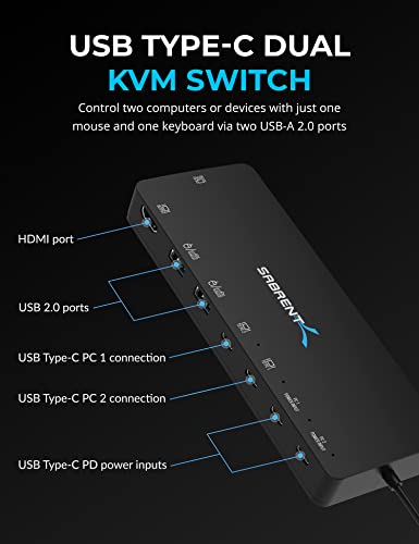 SABRENT KVM Switch, USB-C, 1 PC to 2-Displays with 60 Watt Power Delivery (USB-CKDH) - Image 2