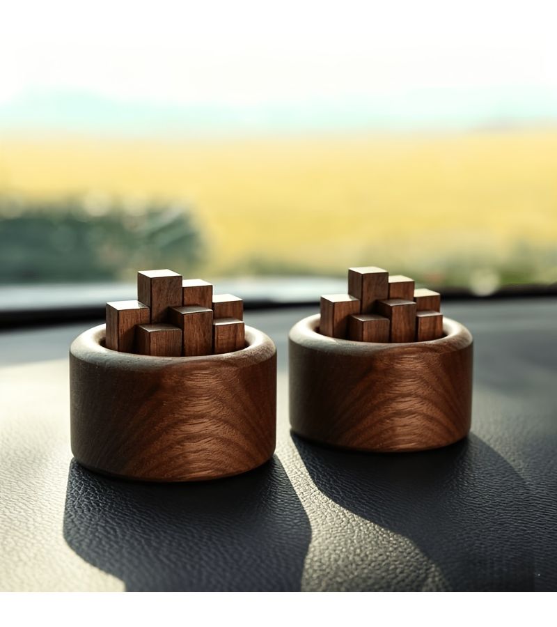 2pcs Natural Solid Wood Car Air Freshener Diffuser Set Walnut Colored Scentless Fireless Aromatherapy Diffuser Home Fragrance Ornament - Image 1