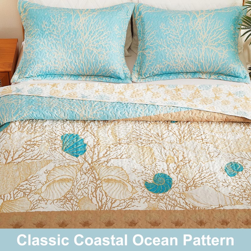 Cmfshape 3 Pieces Coastal Quilt Sets Queen Size-Ocean Theme Coral Shell Starfish Conch Pattern Printed Quilt,Reversible Beach Bedding Set,Summer Soft Lightweight Nautical Bedspread Coverlet(Queen 92"x96") - Image 4