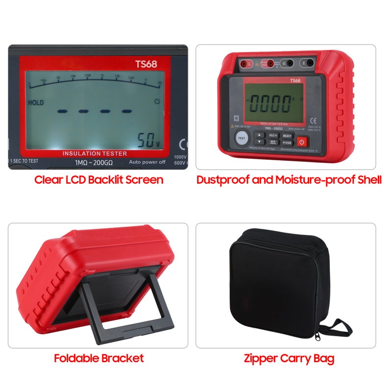 Digital Insulation Resistance Tester Red & Grey: Automatic Voltage Release High Stability Reliability - 5 Adjustable Output Voltages 10-600V AC/DC Measurement Digital Megohmmeter Resistor for Electric - Image 2