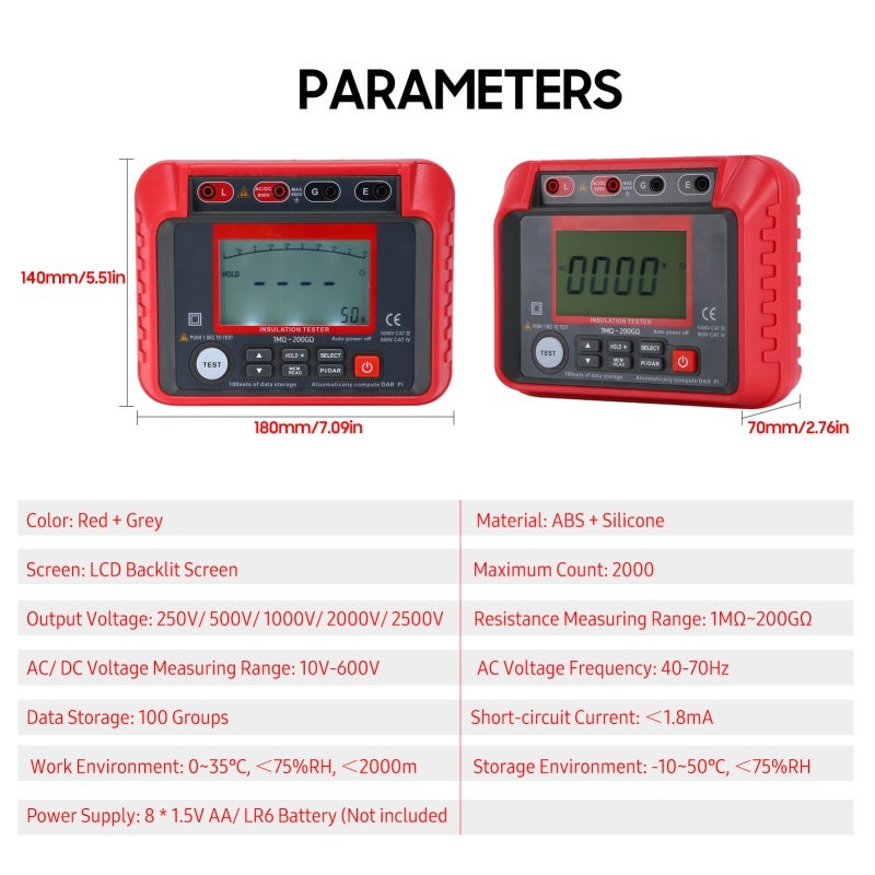 Digital Insulation Resistance Tester Red & Grey: Automatic Voltage Release High Stability Reliability - 5 Adjustable Output Voltages 10-600V AC/DC Measurement Digital Megohmmeter Resistor for Electric - Image 5