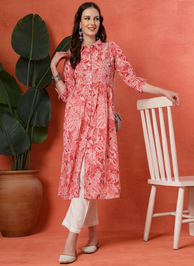 LARGISH Floral Printed A-Line Kurta with Trousers in Pure Cotton - Image 1
