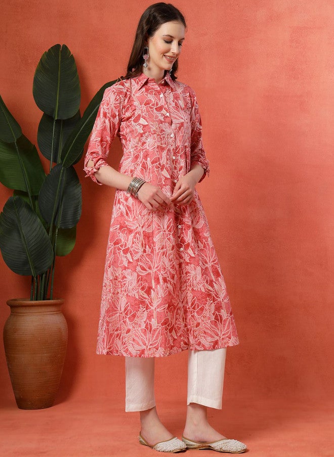 LARGISH Floral Printed A-Line Kurta with Trousers in Pure Cotton - Image 4