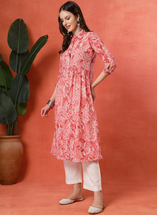 LARGISH Floral Printed A-Line Kurta with Trousers in Pure Cotton - Image 5