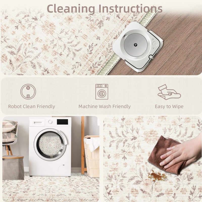 Aoyaomi Rugs for Living Room 6x9 Rug, Washable Floral Boho Area Rug Non Slip Soft Low Pile Large Rugs for Bedroom Girls, Dining Room, Office, Kids Playroom(6'x9', Floral Beige) - Image 4