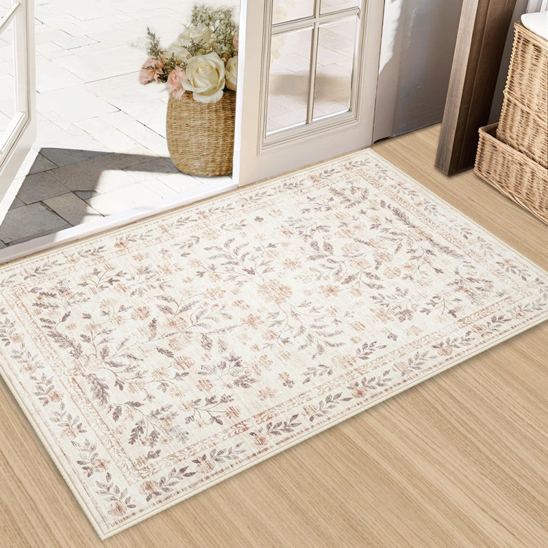 Aoyaomi Rugs for Living Room 6x9 Rug, Washable Floral Boho Area Rug Non Slip Soft Low Pile Large Rugs for Bedroom Girls, Dining Room, Office, Kids Playroom(6'x9', Floral Beige) - Image 1