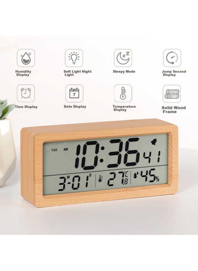 Hense Solid Wood Alarm Clock, Lcd Multifunctional Alarm Watch, Student And Children's Wake-up Aid, Desktop Clock, Ha1906 Beech Wood Model, Back-to Seaso - Image 2