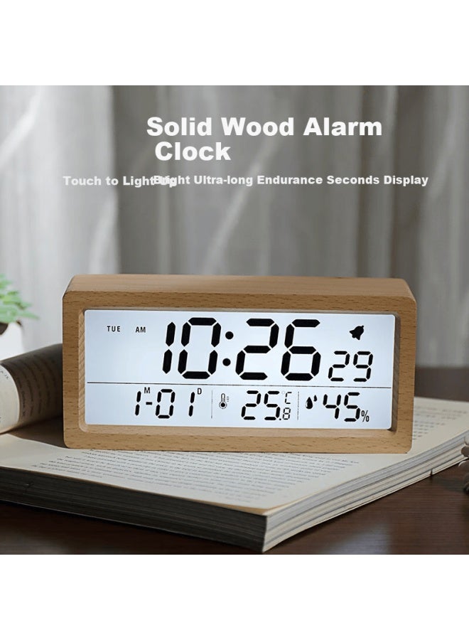 Hense Solid Wood Alarm Clock, Lcd Multifunctional Alarm Watch, Student And Children's Wake-up Aid, Desktop Clock, Ha1906 Beech Wood Model, Back-to Seaso - Image 1