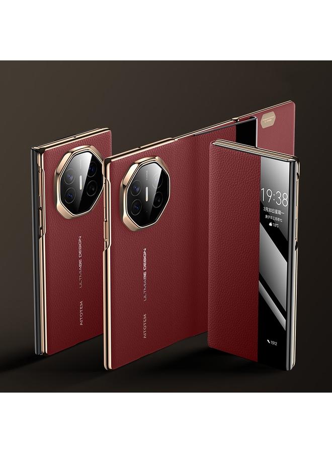 اس-توب جراب لهاتف Huawei Mate XT بتصميم Ultimate Window View مصنوع من الجلد الطبيعي المطلي بالكهرباء - Image 1