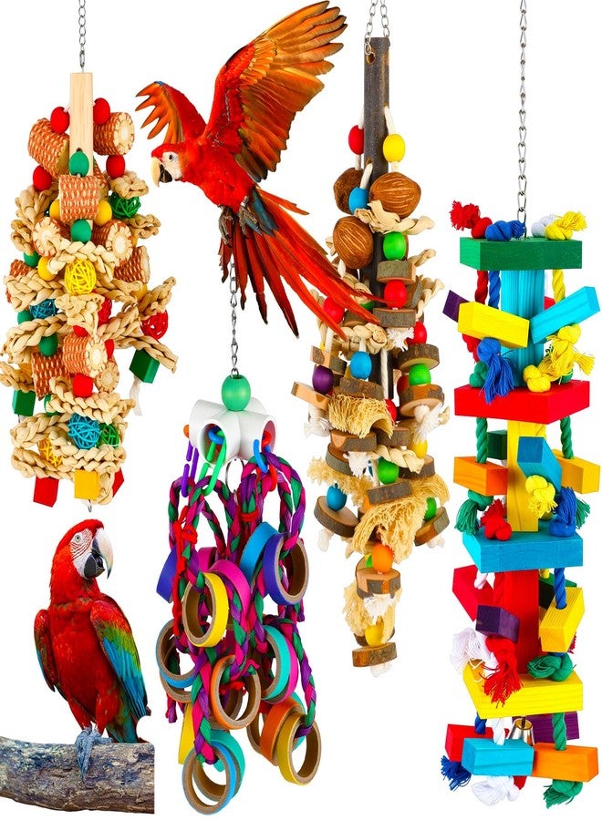 Soulchen 4 Pcs Extra Large Bird Parrot Toy Set Natural Wooden Chewing Toy, Rattan Ball, Wood Nut Loofah String (Bagged) for Large Macaws, African Grey, Amazon Parrots (Wooden Block) - Image 1