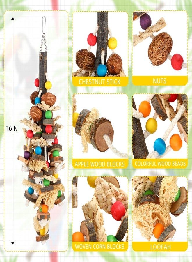 Soulchen 4 Pcs Extra Large Bird Parrot Toy Set Natural Wooden Chewing Toy, Rattan Ball, Wood Nut Loofah String (Bagged) for Large Macaws, African Grey, Amazon Parrots (Wooden Block) - Image 2