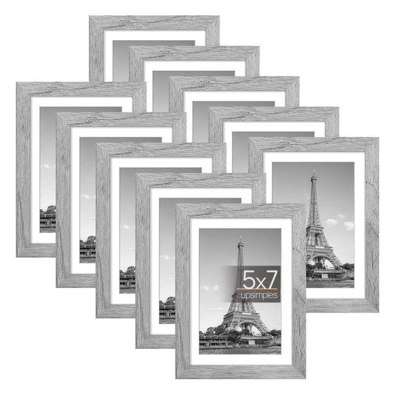 upsimples upsimples 5x7 Picture Frame Set of 10  Display Pictures 4x6 with Mat or 5x7 Without Mat  Multi Photo Frames Collage for Wall or Tabletop Display  Real Glass  Gray