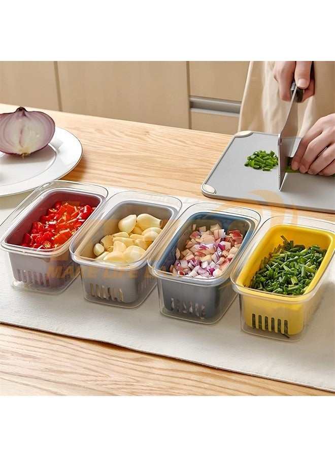 KWER Fridge Storage Boxes Storage Containers 1000Ml Fridge Organizer Storage Box With Stackable Drain Rack And Lids For Keep Fresh Fish, Meat, Vegetable (Plastic) Pack Of 4 - Transparent - Image 1