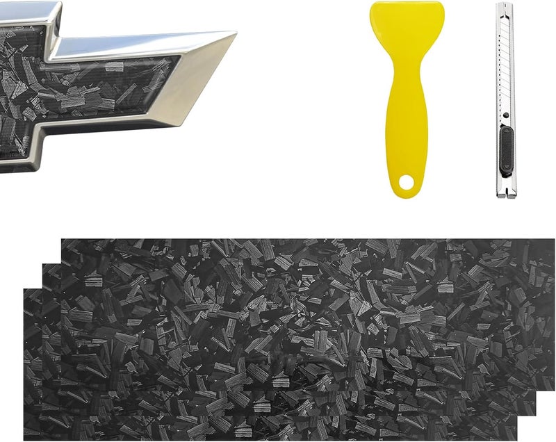 BLAKAYA Compatible with 11.8" x 4" Bowtie Emblem Wrap Kit for Chevy Logo Overlay Vinyl Wrap with Spatula and Cutter 3 Pcs Black Forged Carbon Fiber - Image 1
