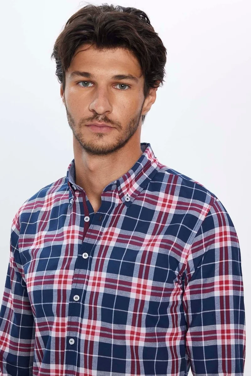 Tudors Men's Slim Fit Slim Fit Long Sleeve Cotton Easy Iron Checked Button Down Collar Shirt