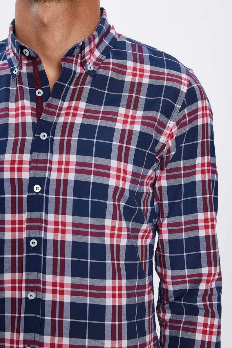 Tudors Men's Slim Fit Slim Fit Long Sleeve Cotton Easy Iron Checked Button Down Collar Shirt