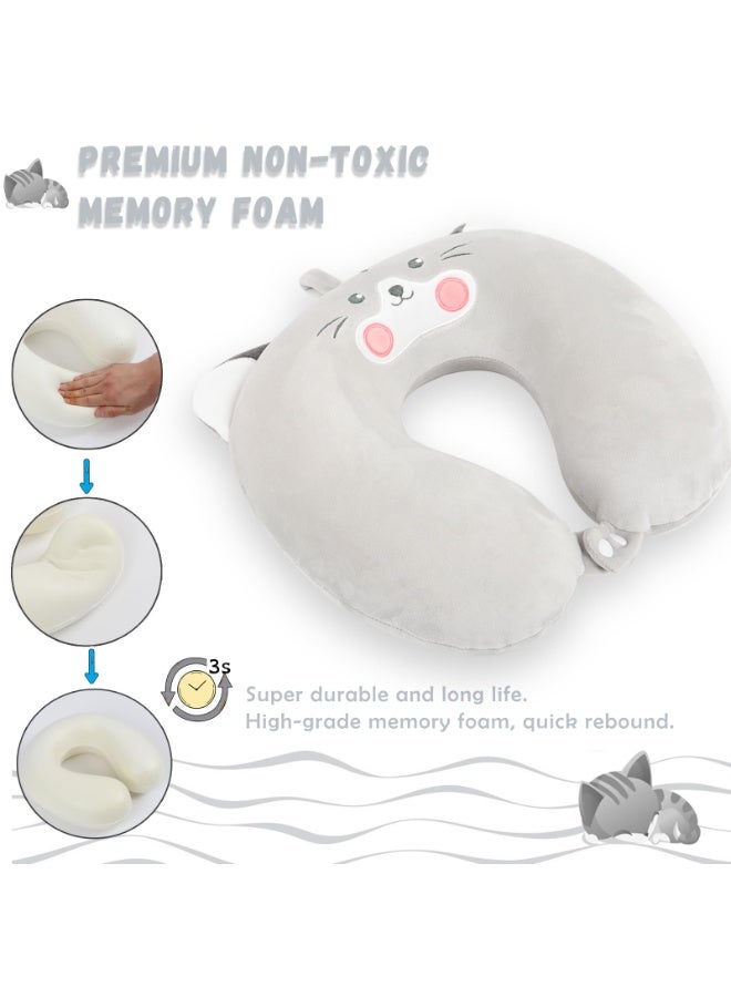 Travel Pillow, Kids Travel Pillow, Soft Memory Foam Kids Neck Pillow for Boys & Girls, Travel Accessories for Car Airplane Traveling (Grey Cat) - Image 3