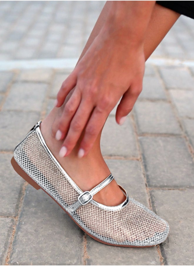 Katee - BAILATIRA SILVER LEATHER  FISHNET ROUND FLAT SHOES FOR WOMEN - Image 1