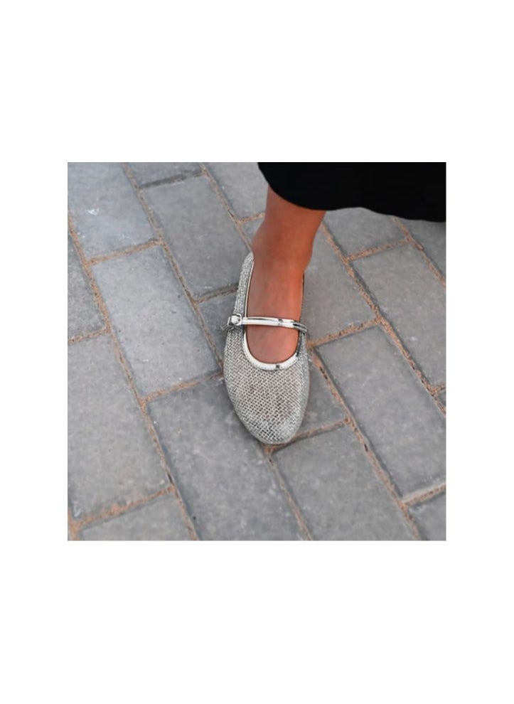 Katee - BAILATIRA SILVER LEATHER  FISHNET ROUND FLAT SHOES FOR WOMEN - Image 1