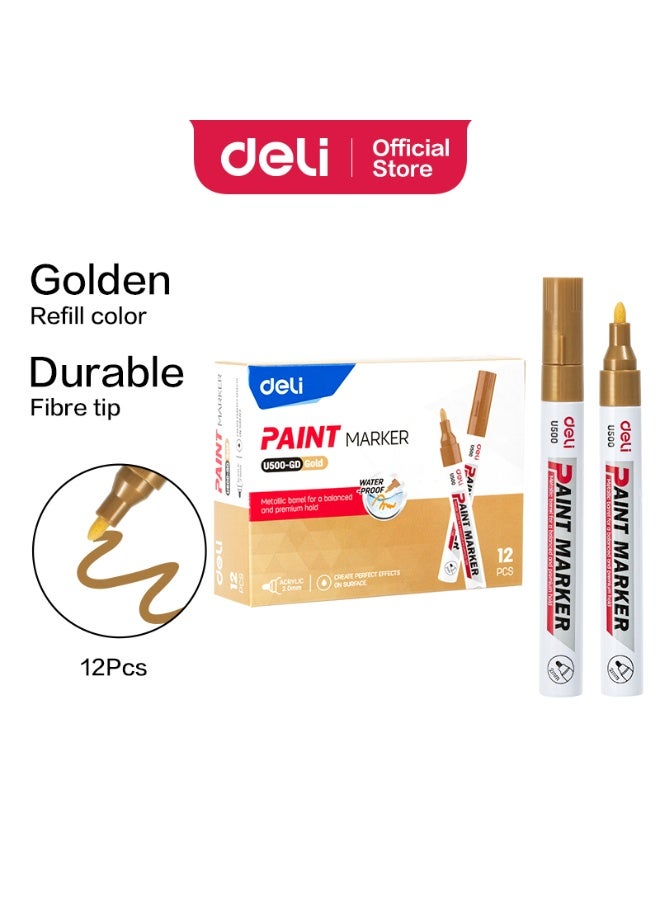 ديلي قلم تحديد معدني Deli EU500-GD بسن دائري ذهبي – قلم حبر أكريليك للرسم، الأشغال اليدوية، والمشاريع الإبداعية – علبة ألوان تحتوي على 12 قطعة. - Image 1