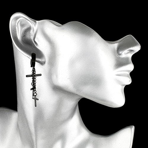 Charisma 80s Gothic Earring Cross Earrings for Men Dangle Hinged Hoop Huggie Earrings Stainless Steel 1 Pair, Black IP Plated Color - Image 5