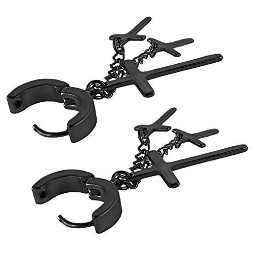 Charisma 80s Gothic Earring Cross Earrings for Men Dangle Hinged Hoop Huggie Earrings Stainless Steel 1 Pair, Black IP Plated Color - Image 3